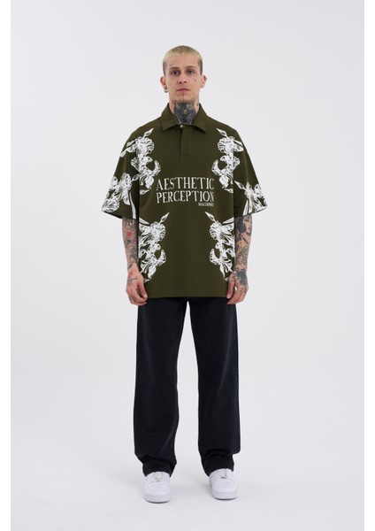 Erkek Aesthetic Flower Baskılı Haki Polo Yaka Tişört