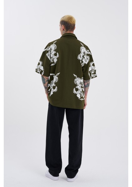 Erkek Aesthetic Flower Baskılı Haki Polo Yaka Tişört