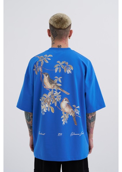 Erkek Bird Baskılı Oversize Mavi Tişört