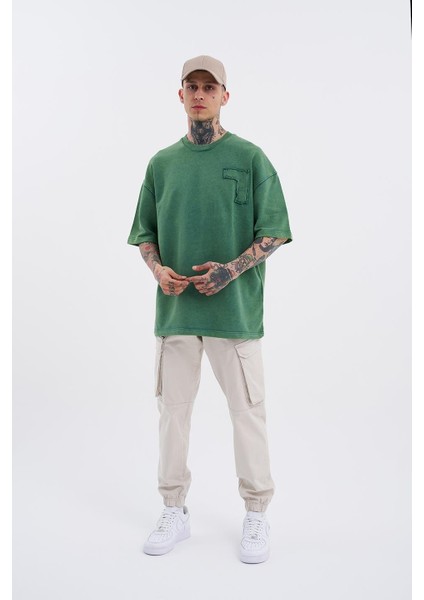 Erkek Be Bold Be You Yıkmalı Oversize Petrol Yeşili Tişört