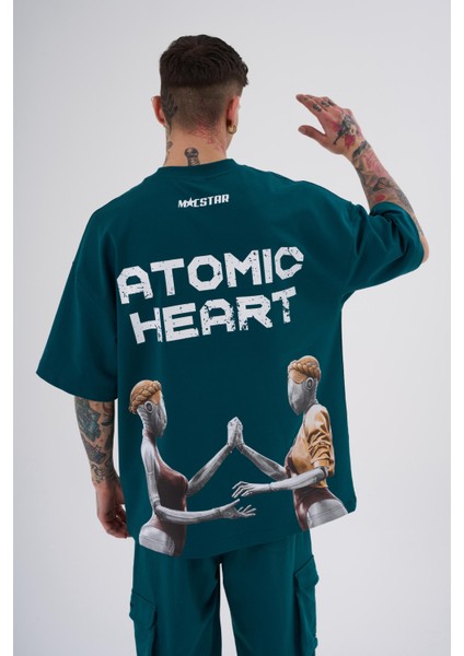 Erkek Atomic Heart Baskılı Oversize Petrol Yeşili Tişört