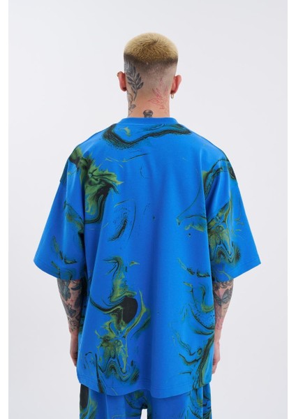 Erkek Abstract Oversize Mavi Tişört fiyatları