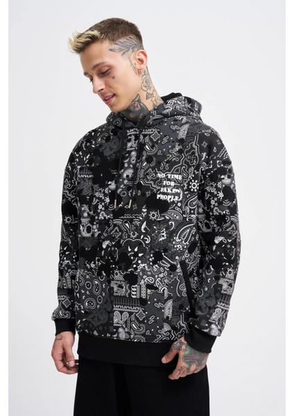 Erkek Paisley Pattern Printed Siyah Hoodie