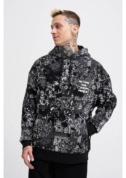Erkek Paisley Pattern Printed Siyah Hoodie