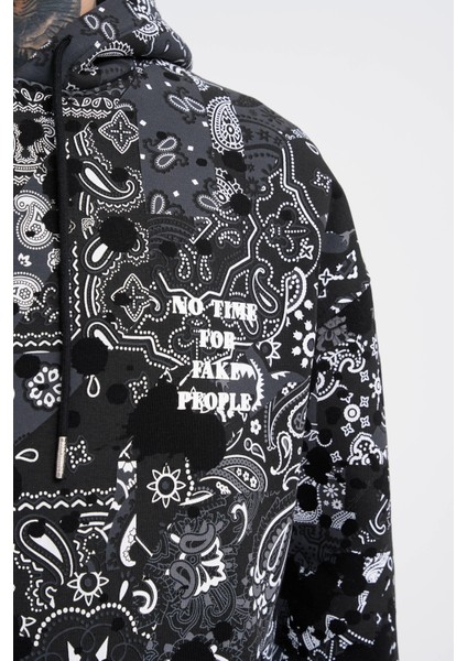 Erkek Paisley Pattern Printed Siyah Hoodie