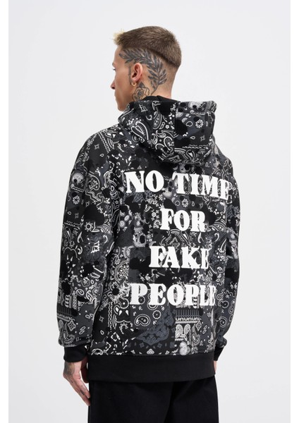 Erkek Paisley Pattern Printed Siyah Hoodie