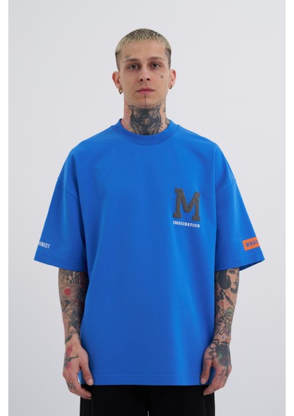 Erkek Snake Whatever Baskılı Oversize Mavi Tişört