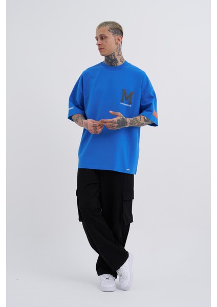 Erkek Snake Whatever Baskılı Oversize Mavi Tişört