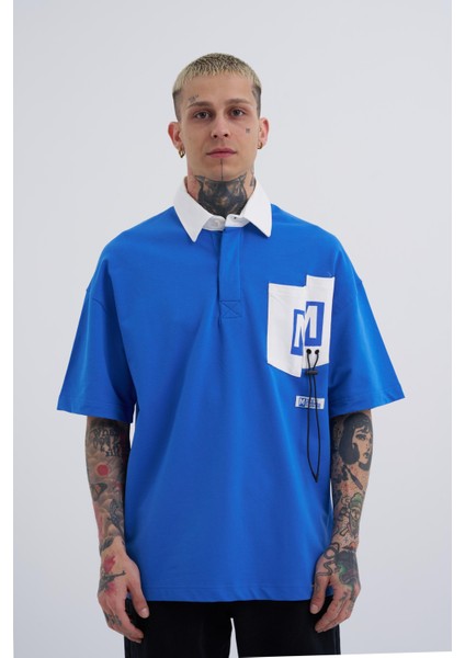 Erkek Constrast Pocket Oversize Mavi Polo Yaka Tişört