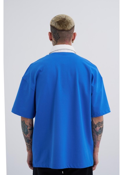 Erkek Constrast Pocket Oversize Mavi Polo Yaka Tişört fiyatları