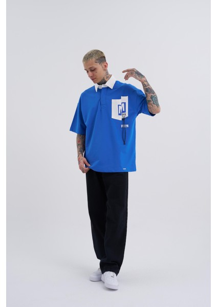 Erkek Constrast Pocket Oversize Mavi Polo Yaka Tişört modelleri