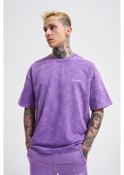 Unısex Relaxed Yıkamalı Basıc T-Shırt New Purple Spotted