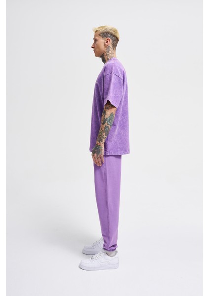 Unısex Relaxed Yıkamalı Basıc T-Shırt New Purple Spotted fırsatları