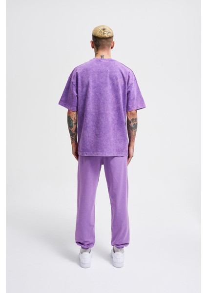 Unısex Relaxed Yıkamalı Basıc T-Shırt New Purple Spotted indirimleri