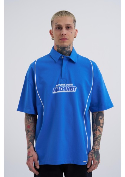 Erkek Contrast Piping Baskılı Oversize Mavi Polo Yaka Tişört