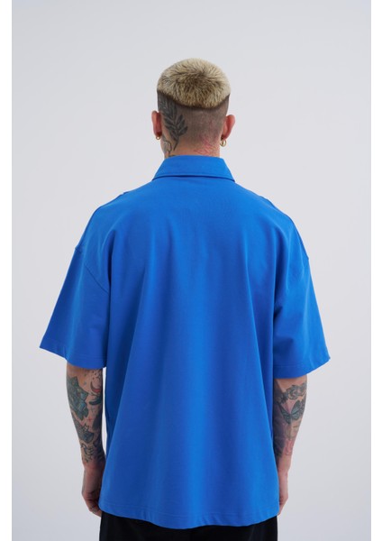 Erkek Contrast Piping Baskılı Oversize Mavi Polo Yaka Tişört fiyatları