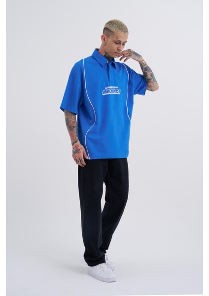 Erkek Contrast Piping Baskılı Oversize Mavi Polo Yaka Tişört modelleri