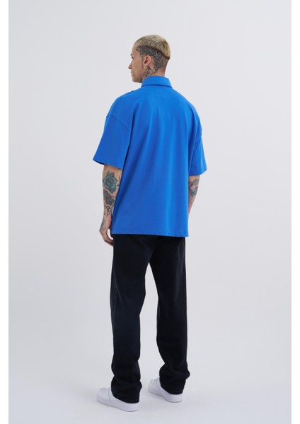 Erkek Contrast Piping Baskılı Oversize Mavi Polo Yaka Tişört fırsatları