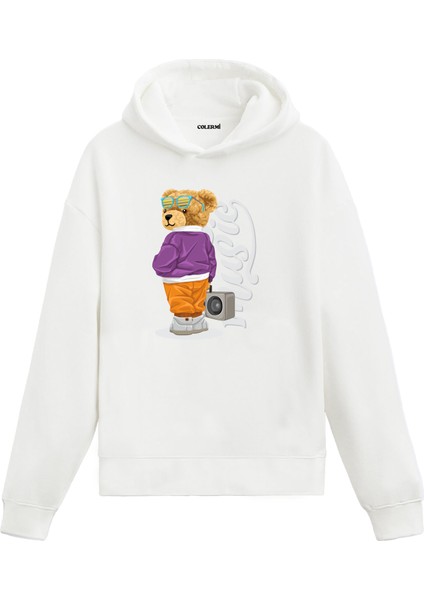 Müziğin Ritmi Kadın ve Erkek Sweatshirt Pamuklu Baskılı Ayıcıık Tasarım Hoodie Doğum Günü Hediyesi Pamuklu Ayıcık Tasarım Kapşonlu Sevgiliye Ayıcık Baskılı Kapşonlu Sweatshirt