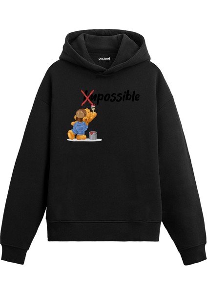 Imkansız Değil Kadın ve Erkek Sweatshirt Pamuklu Baskılı Ayıcıık Tasarım Hoodie Doğum Günü Hediyesi Pamuklu Ayıcık Tasarım Kapşonlu Sevgiliye Ayıcık Baskılı Kapşonlu Sweatshirt