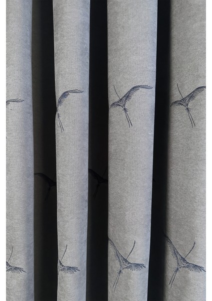 Anka Kuşu Nakışlı Gri Fon Perde Tek Kanat 1x3 Sık Pile
