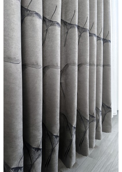 Anka Kuşu Nakışlı Gri Fon Perde Tek Kanat 1x3 Sık Pile modelleri