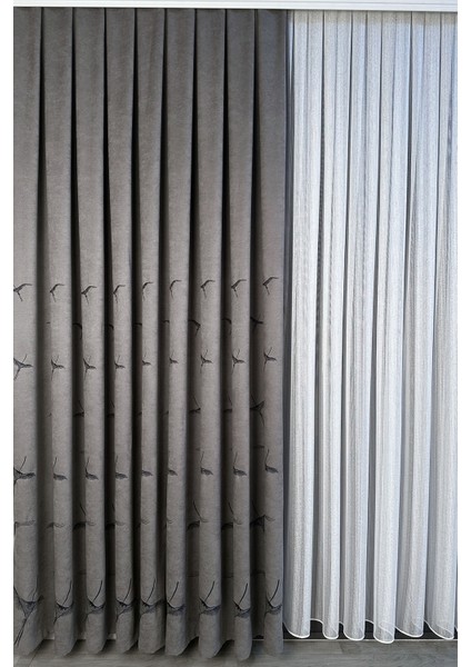 Anka Kuşu Nakışlı Gri Fon Perde Tek Kanat 1x3 Sık Pile indirimleri