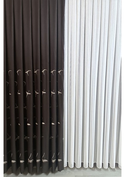 Anka Kuşu Nakışlı Kahve Fon Perde Tek Kanat 1x3 Sık Pile indirimleri