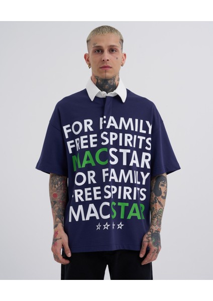 Erkek Wide Prinred Baskılı Polo Yaka Lacivert Tişört