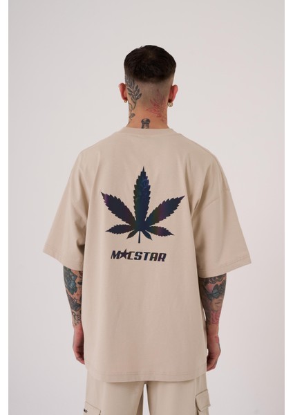 Erkek Macstar Leaf Baskılı Oversize Açık Bej Tişört