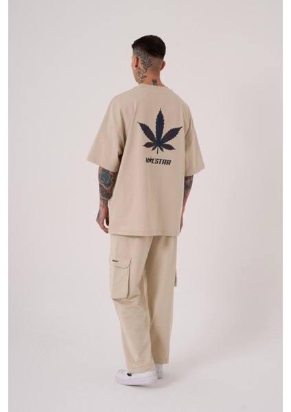 Erkek Macstar Leaf Baskılı Oversize Açık Bej Tişört