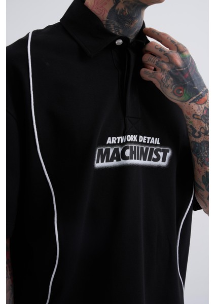 Erkek Contrast Piping Baskılı Oversize Black Polo Yaka Tişört fiyatları