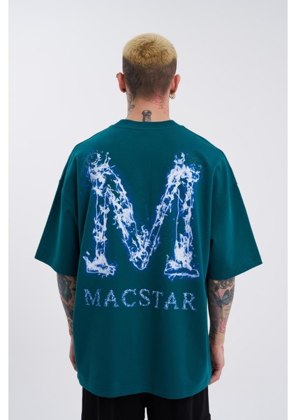 Erkek Smoked Macstar Baskılı Oversize Petrol Yeşili Tişört