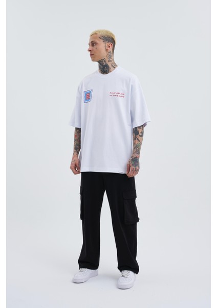 Erkek Ethnic Baskılı Oversize Beyaz Tişört
