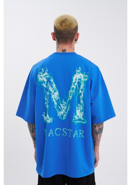 Erkek Smoked Macstar Baskılı Oversize Mavi Tişört