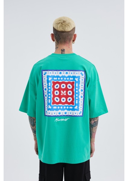 Erkek Ethnic Baskılı Oversize Açık Yeşil Tişört