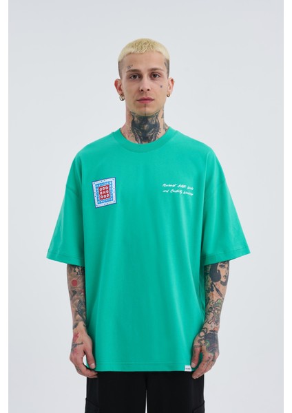 Erkek Ethnic Baskılı Oversize Açık Yeşil Tişört