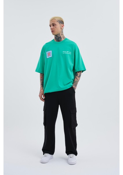 Erkek Ethnic Baskılı Oversize Açık Yeşil Tişört