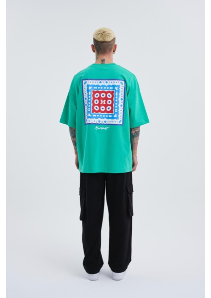 Erkek Ethnic Baskılı Oversize Açık Yeşil Tişört