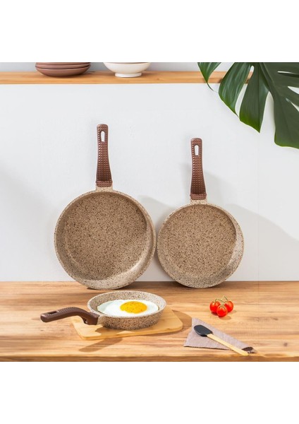 Oms Fry Pan Döküm Granit 3 Parça Tava Seti Kumbeji (20-24-28 Cm)