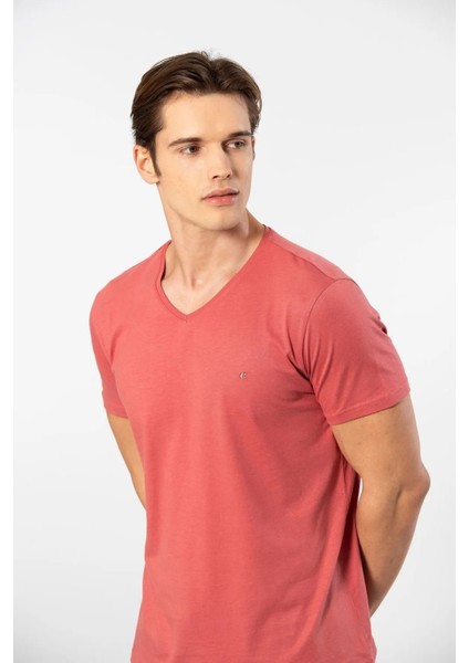 2170 Erkek Modal Pamuk V Yaka Kısa Kollu T-Shirt-Mercan