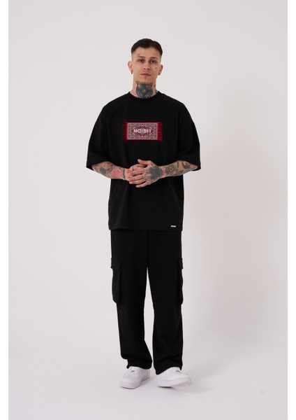 Erkek Carpet Patch Baskılı Oversize Siyah Tişört fırsatları