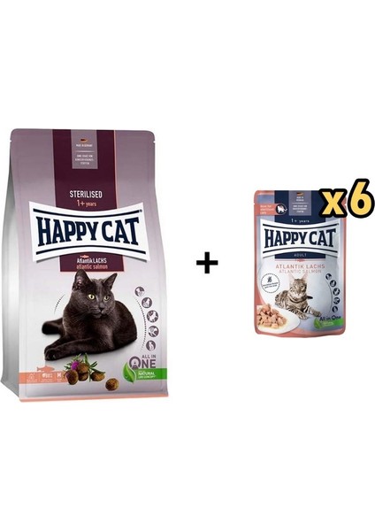 Sterilised Atlantik Lachs Kısırlaştırılmış Somonlu Kedi Maması 10 kg + 6 Adet Happy Cat Somonlu Tahılsız Yetişkin Kedi Konservesi 85 gr