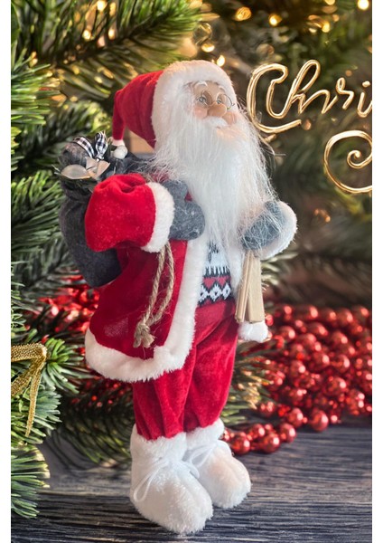 Yılbaşı Süsü Noel Baba Biblo Figür Büyük Boy 45CM -Kayakları, Hediye Çuvalı ve Aksesuarları ile