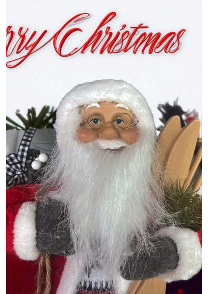 Yılbaşı Süsü Noel Baba Biblo Figür Büyük Boy 45CM -Kayakları, Hediye Çuvalı ve Aksesuarları ile