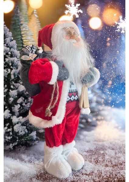 Yılbaşı Süsü Noel Baba Biblo Figür Büyük Boy 45CM -Kayakları, Hediye Çuvalı ve Aksesuarları ile
