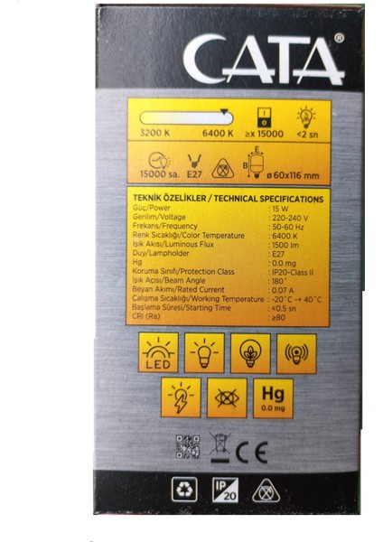 15W Torch LED Ampul Beyaz Işık 6400K E27 CT-4329 1 Adet