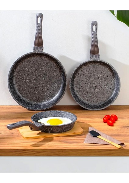 Oms 3737 Fry Pan Döküm Granit 3 Parça Tava Seti Siyah (20-24-28 Cm)