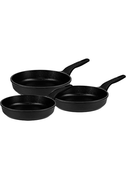 Oms 3737 Fry Pan Döküm Granit 3 Parça Tava Seti Siyah (20-24-28 Cm)