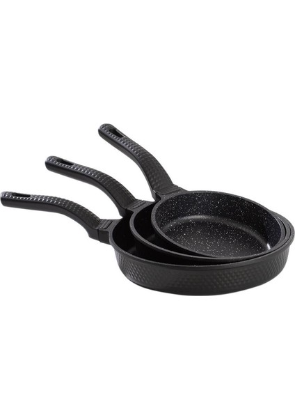 Oms 3737 Fry Pan Döküm Granit 3 Parça Tava Seti Siyah (20-24-28 Cm)